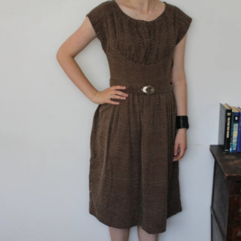 Swiss Dot 1940s Reproduction Dress Brown Cotton